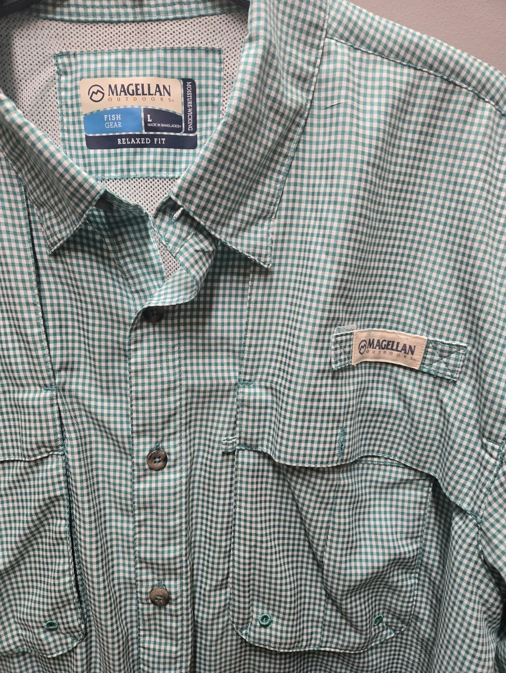 Magellan Fish Gear Mens Large Short Sleeve Button Down Shirt Green White